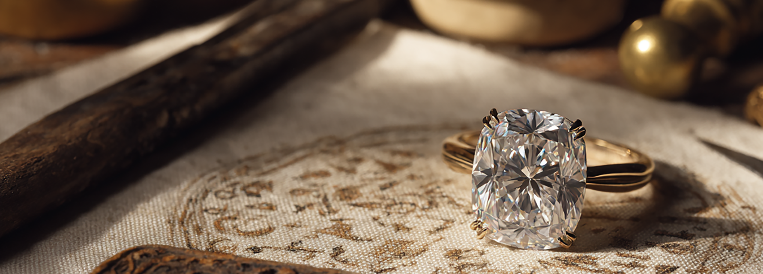 Cushion cut lab-grown diamond ring in yellow gold, resting on traditional woven linen with carved wood and ceremonial tools nearby — captured in warm, sacred light